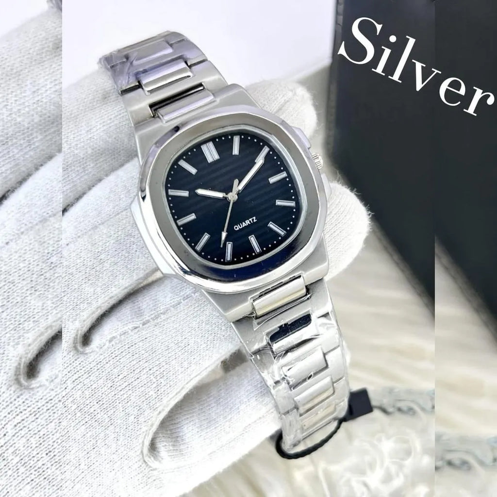Men’s Square Watch Black Dial Silver Steel Chain Strap – Stylish Quartz Analog Watch