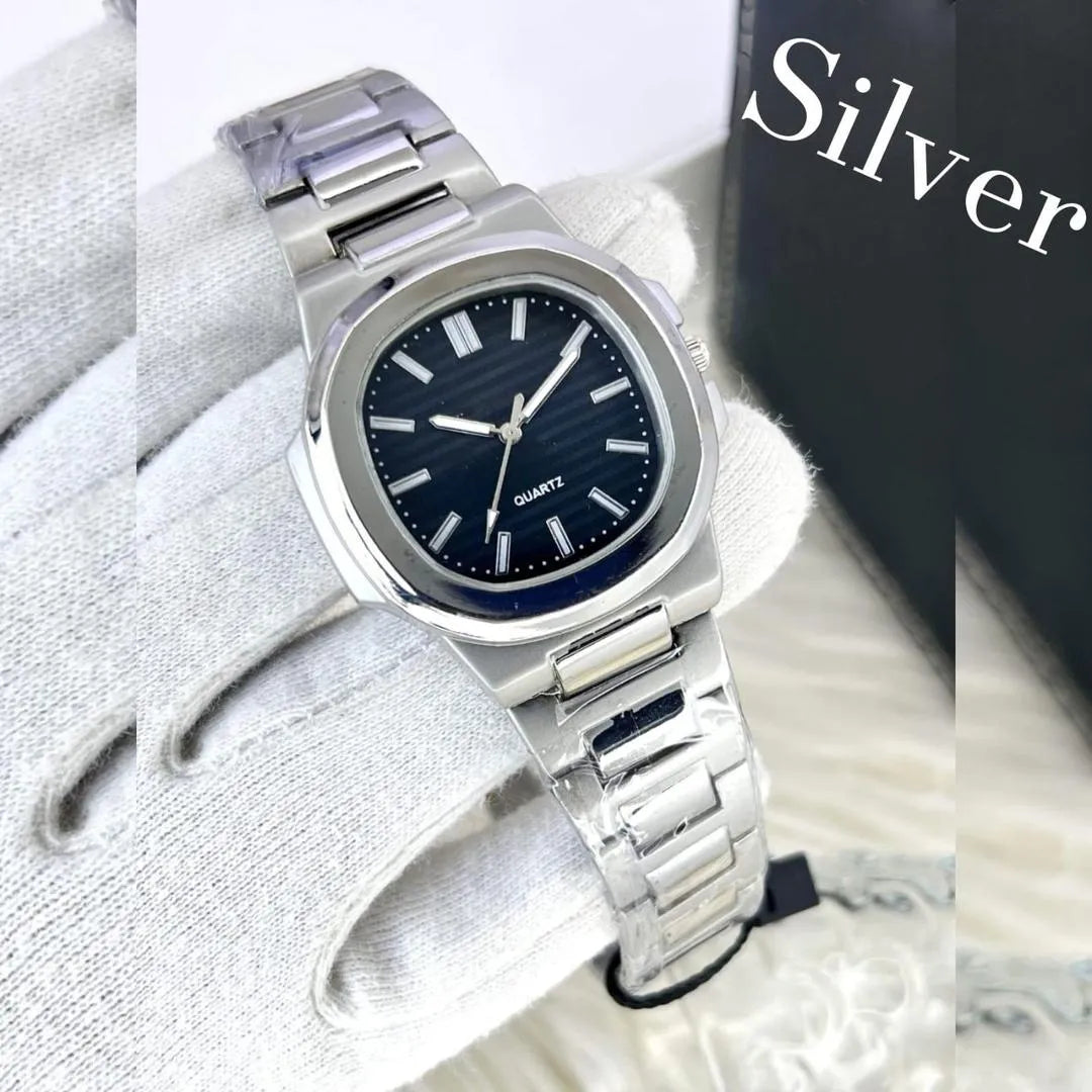 Men’s Square Watch Black Dial Silver Steel Chain Strap – Stylish Quartz Analog Watch