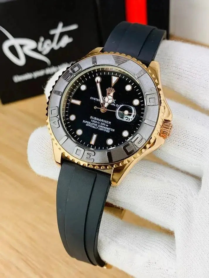 Luxury Rolex Style Men's Golden Watch – Premium Rubber Strap