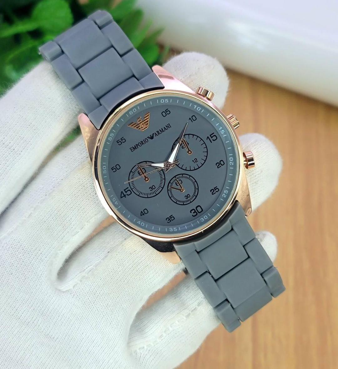 Men's Emporio Armani Chronograph Watch Grey Dial Stainless Steel Chain Strap